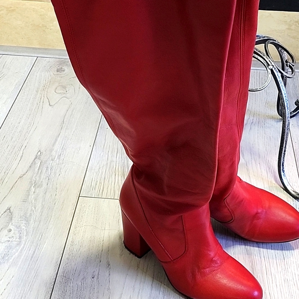 Red Upper Leather Thigh High, Knee High or Calf Boots